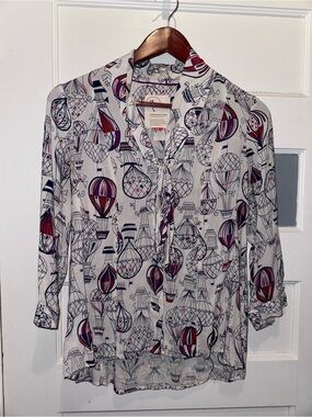 Anthropologie White Balloon-Print Tie-Neck Blouse with Red & Navy